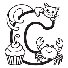 Letter C Alphabet Coloring Page with Cat, Cupcake and Crab