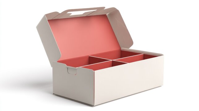 Open, divided cardboard box with handles