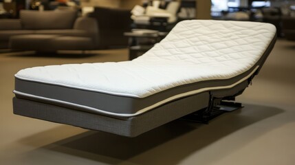 Adjustable bed base in recline position with full foam mattress on showroom floor
