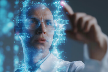 A scientist analyzes a digital DNA strand, interacting with futuristic technology.