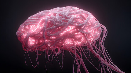 A surreal, glowing pink brain with visible nerves and tendrils against a dark background, representing thought and connectivity