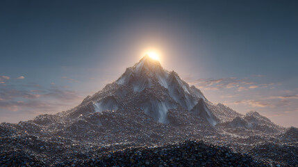 Golden sunrise illuminates majestic snow-capped mountain peak, casting brilliant light over rugged terrain under a serene sky, an awe-inspiring spectacle of nature