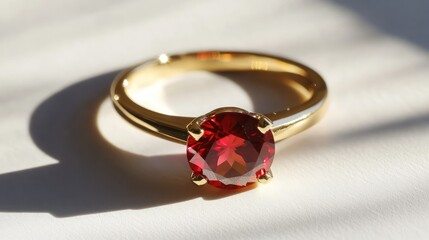 Ruby ring with intricate band detail centered on a clean white surface, gemstone glowing under light