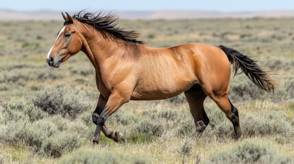 Obraz premium Side view of a wild horse running freely, showing detailed muscle definition and mane in motion