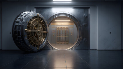 A massive, intricately designed vault door stands open in a secure, dimly lit room, revealing an empty, brightly illuminated interior, symbolizing security and potential