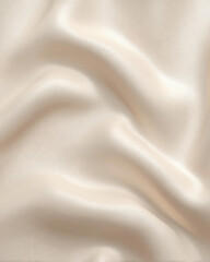 The delicate and smooth texture of light beige silk fabric creates soft flowing waves, forming an elegant and luxurious background with subtle highlights and shadows.