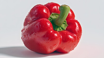 Fresh Red Bell Pepper with Water Droplets on a Clean White Background, Healthy Ingredient