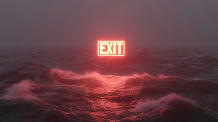 Neon exit sign glowing red above rough waves, symbolizing escape or a way out in a turbulent situation