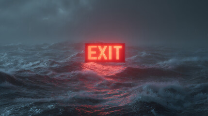 Bright glowing EXIT sign illuminates through a turbulent, stormy sea, symbolizing hope or a way out of crisis