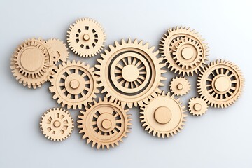 Wooden gears rotating together as a visual metaphor for teamwork and mechanical progress