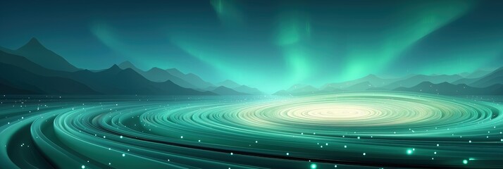 A stunning aurora - like landscape with circular patterns and mountains