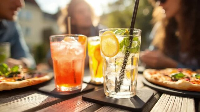 Refreshing Drinks and Shared Moments: An inviting summer scene unfolds as glasses filled with colorful, refreshing beverages take center stage, alongside slices of pizza on a sun-drenched table.