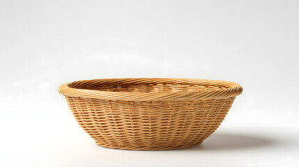 Empty handcrafted natural wicker basket with textured weave, isolated on a bright white background. Ideal for rustic home decor, practical storage, or elegant food display