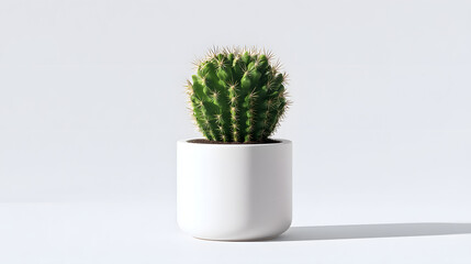 Minimalist shot of a small, vibrant green cactus in a pristine white ceramic pot, beautifully illuminated against a bright, clean background, perfect for modern decor themes