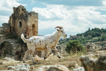 Goat running amidst ancient ruins