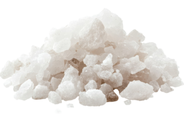 Pile of white coarse sea salt crystals isolated on transparent background
