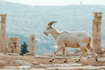 Obraz premium White goat on ancient ruins