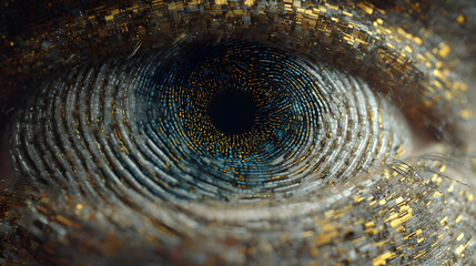 Stunning macro shot of an eye transformed with metallic-like patterns and radiant golden dust, symbolizing digital perception, innovation, and futuristic biomimicry