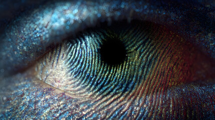 Close-up macro shot of a human eye with fingerprint patterns and shimmering makeup, symbolizing identity and individuality
