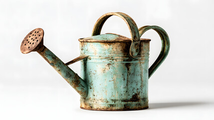A beautifully aged metal watering can with a vibrant turquoise patina, showcasing rustic charm and vintage appeal as a timeless gardening essential on a clean white background