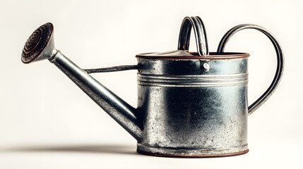 A classic metal watering can with a rustic, galvanized finish, showcasing its timeless design and utility for various gardening tasks and plant care on a clean, bright background