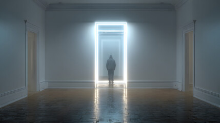 A solitary figure approaches a luminous, ethereal gateway within a stark, minimalist space, embarking on a transformative journey into an enigmatic, radiant future