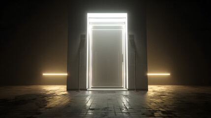 Bright portal of pure light illuminating a dark, textured industrial chamber, creating a dramatic, mysterious threshold into an unknown future or dimension