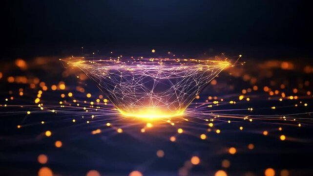 Glowing network of lines and points forming a cone shape against a dark background