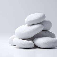 Smooth white stones stacked in a gentle pile, creating a calming and serene visual for wellness and meditation themes