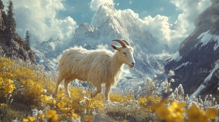 Fototapeta premium Fluffy goat grazes in alpine meadow, majestic mountains