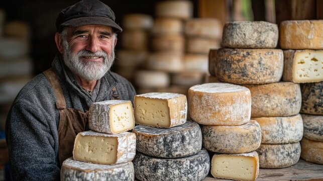 Smiling older man surrounded by stacks of cheese - Powered by Adobe