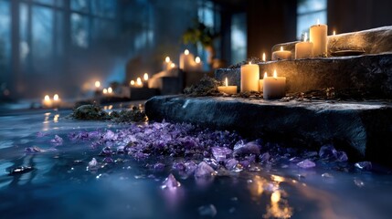 Peaceful scene of candles and purple crystals with soft lighting. Generative AI