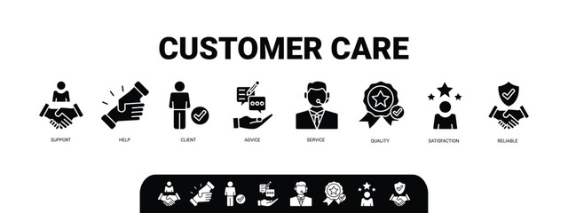 Customer care banner web icon illustration concept for customer support and telemarketing service with an icon of help, client, advice, chat, service, reliability, quality, and satisfaction