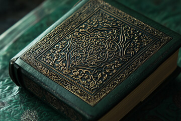 Fototapeta premium Antique Quran cover decorated with gold patterns and traditional designs.