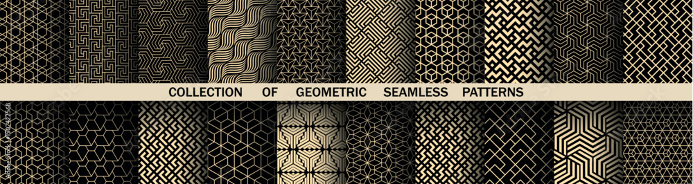 Leinwandbilder Geometric set of seamless black and golden patterns. Simple vector graphics