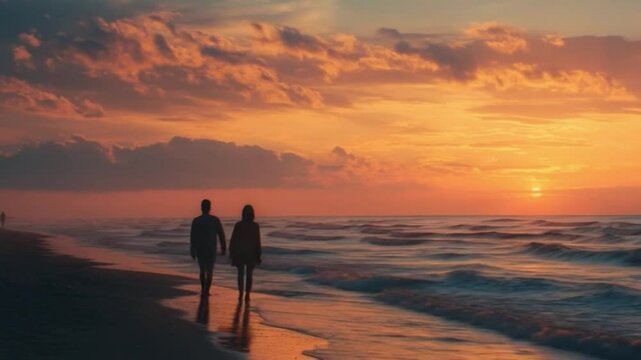 Romantic Beach Stroll at Sunset: A couple strolls along the shore, silhouetted against a breathtaking sunset, the sky ablaze with fiery hues, creating a serene and unforgettable moment.