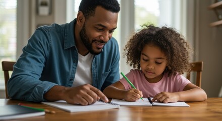 Fototapeta premium Father supporting daughter with homework task