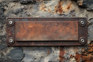 Rusted metal plate affixed to a stone wall