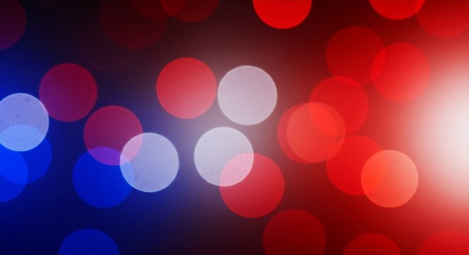 Bokeh background with red, white, blue lights, festive vibe.