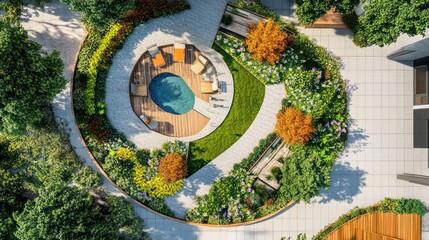 Aerial view of a circular courtyard with a small pool, surrounded by lush landscaping and paved walkways
