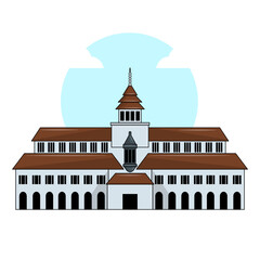 Vector illustration of Gedung Sate, a historical government building in Bandung, Indonesia, known for its unique architectural style and iconic skewer ornament on the roof.