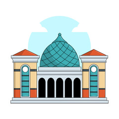 Vector illustration of Masjid Al Akbar Surabaya, a grand mosque in East Java, Indonesia, with a large blue dome and Islamic architectural elements.