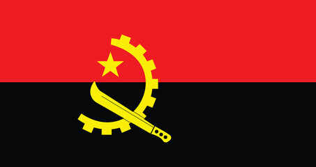 national flag of angola featuring yellow emblem with machete, star, and gear on red and black background