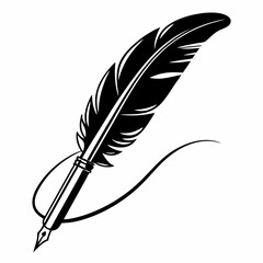 Vector illustration of a single black feather quill pen with ink, isolated on white for writing and literature