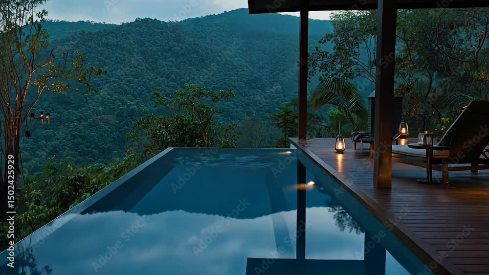 Poster infinity pool overlooking a rainforest at twilight.