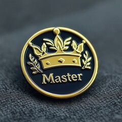 enamel pin titled "Master", golden crown with laurel leaves, ultimate level icon, classic gaming style 