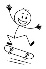 Cartoon stick figure skater performing trick on skateboard. Vector illustration of extreme sports action and movement.