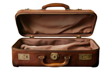 Vintage open leather suitcase with brown fabric inside, transparent background