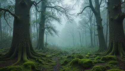 Dense foggy forest with moss-covered ground and tall trees  