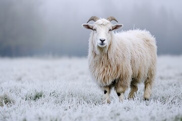 Fluffy sheep in frosty field